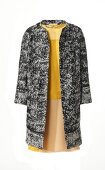 Collar less coat over yellow chiffon dress on white background