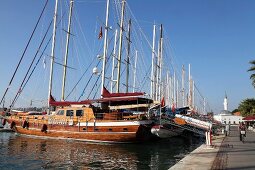 Boats moored at harbor in Bodrum Aegean Region, Turkey