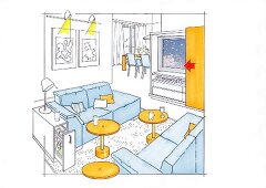 Illustration of sitting area with sofa set, television and paintings on wall