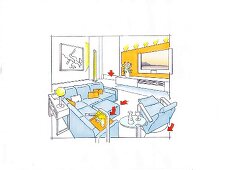 Sitzecke, Sitzplaz, Gestaltung, Sofa Zeichnung