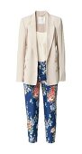 Blazer, Top, beige, Hose, geblümt, Blumen-Prints, gemustert, blau