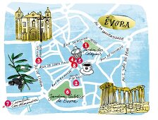 Illustration, Zeichnung, Skizze Karte von Evora, Portugal