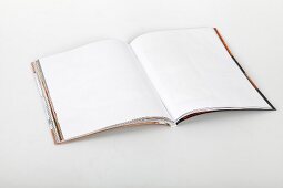 Close-up of white open notebook against white background