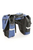 Two blue and black bicycle bags on white background