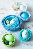 Easter eggs in crocheted baskets