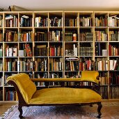 Antique divan upholstered in yellow velvet in front of a modern library wall