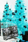 Blue Christmas trees and black-and-white wrapped Christmas presents