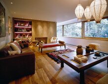 A spacious modern living room with an Oriental touch