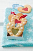 Heart-shaped Christmas biscuits with jam