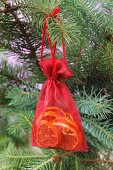 Dried orange slices in an organza sack hung on a Christmas tree