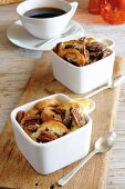 Bread and butter pudding with chocolate and pecan nuts