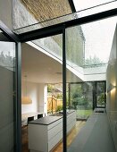 View into kitchen with island