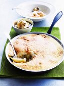 Pear and apple soufflé with cinnamon in a pan