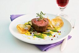 Beef fillet with courgette and potato chips