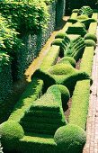 Eindrucksvolle Gartenanlage mit formgeschnittenen Hecken und gepflasterten Wegen.