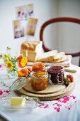 Breakfast with various types of jam and bread