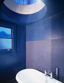 Blue-painted bathroom with bathtub beneath glass cupola