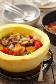 Beef goulash with pumpkin, peppers and beans