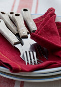Cutlery with wooden handles on red napkin on stack of plates
