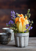 Zucchiniblüte mit Lavendel- und Thymianblüten in altem Backförmchen