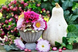 Herbstdeko mit Dahlien, Astern, Hortensien, Kürbis, Efeu und Beeren