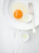 Broken duck egg on a plate with a fork