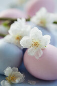 Pastel-coloured Easter eggs decorated with cherry blossoms