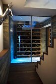 An ante room with a metal animal head on the wall and a view through closed glass doors onto a wine shelf