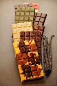 Various bars of chocolate and vanilla pods