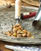 Crocus bulbs on a wicker tray