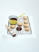 Gingerbread biscuits topped with chocolate glaze on a wire rack
