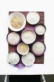 Various types of rice in small bowls