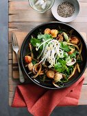 Chinese noodles with scallops, clams and bean sprouts