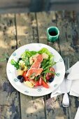 A mixed leaf salad with sliced salmon