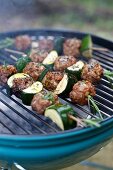 Kebabs with meatballs and zucchini on the grill