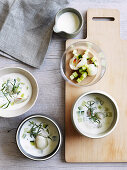 Apple and sour cream soup with cucumber and lychees