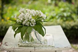 Wild garlic with flowers in a glass