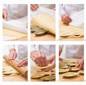 Shortbread being placed in boat-shaped dishes