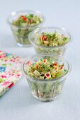 Cucumber salad with bean sprouts, cress, chilli, coriander and soya dressing