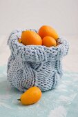 Gestricktes Gefäß mit Kumquats gefüllt