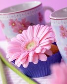 A muffin topped with a gerbera flower