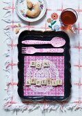 Upcycled old tray - painted black and decorated with wrapping paper and doily