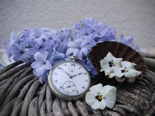 Vintage pocket watch and petals on rattan basket