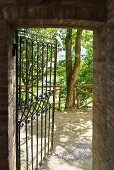 Brick walls and wrought iron gate