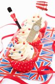 English cupcakes decorated with Big Ben, a guard and a double-decker bus