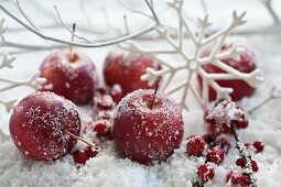 Frostige Äpfel, Ilexbeeren und Deko-Schneeflocken im Kunstschnee