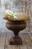 Amphora decorated with bird's eggs and snowdrops in straw nest