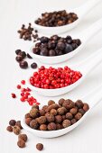 Allspice berries, pink pepper, juniper berries, black peppercorns on sppons