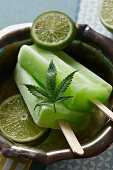 Two Lime and Marijuana Popsicles in a Bowl with Lime Slices and a Marijuana Leaf