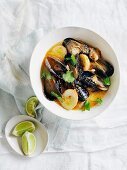 Mussel soup with smoked duck's eggs and oyster mushrooms